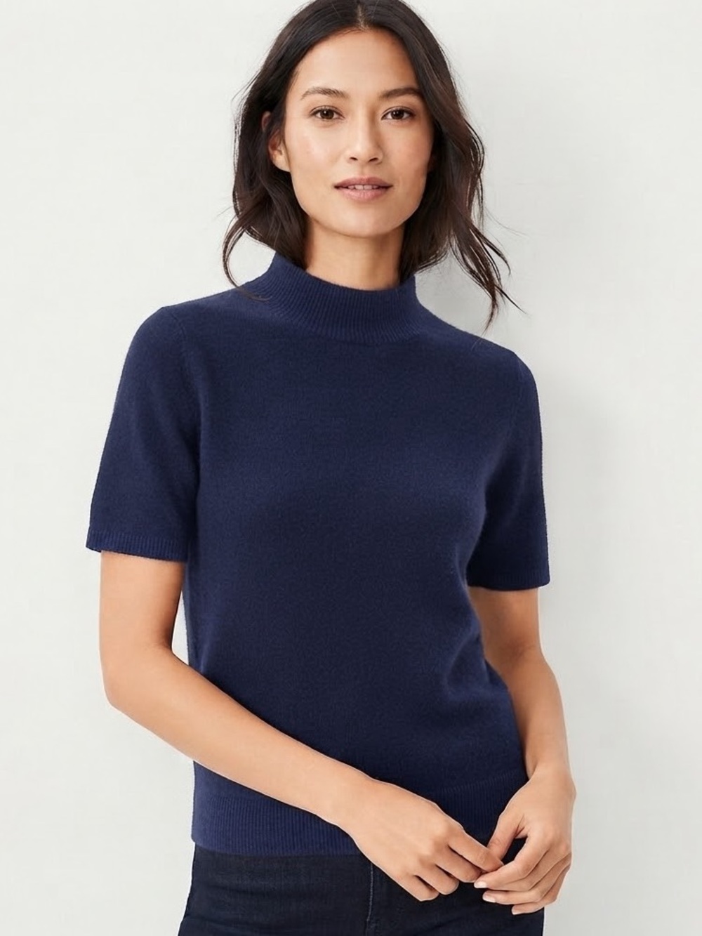 LOFT Navy Mock Neck Short Sleeve Wool Blend Sweater Size Large